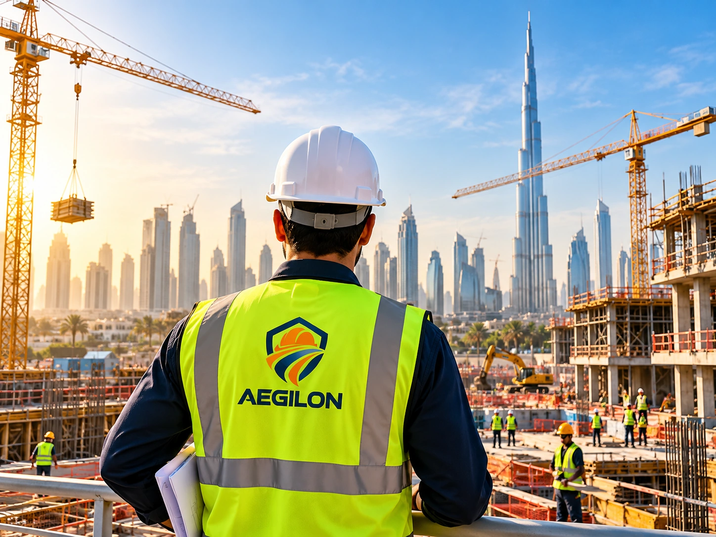 Safety professional overlooking a construction site in Dubai